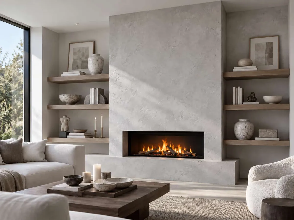 Living room fireplace wall in pale gray Marmorino plaster with a linear firebox and oak shelves on both sides