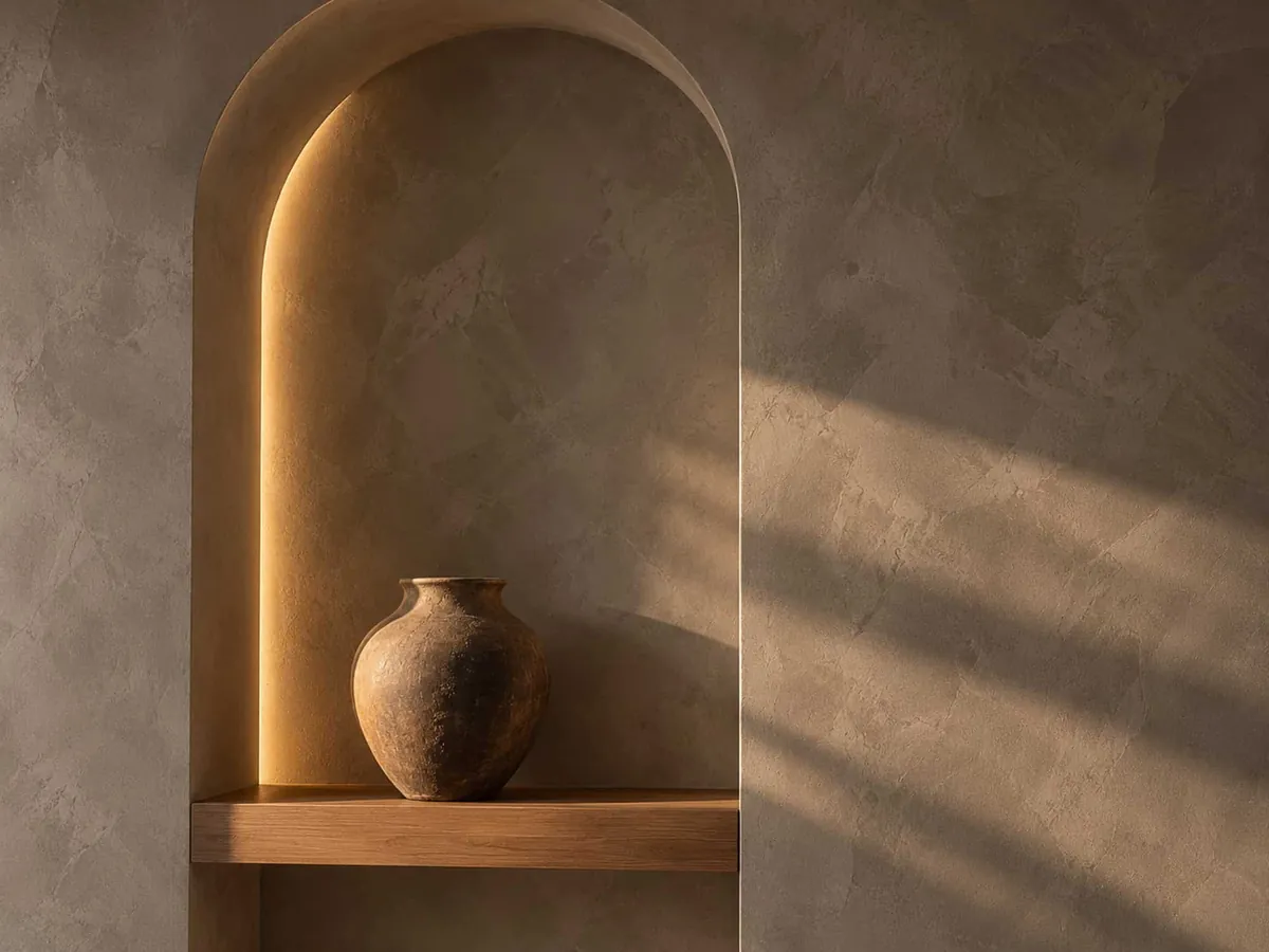 Arched wall niche in taupe Roman clay with an oak shelf, a clay vase and warm hidden lighting