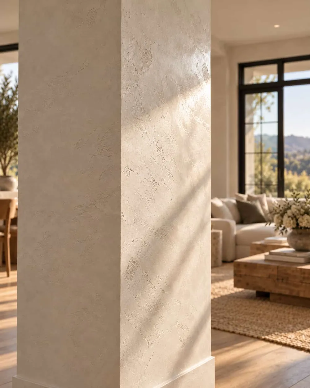 Close-up of a square column in polished Venetian plaster, its soft sheen catching the late afternoon sun