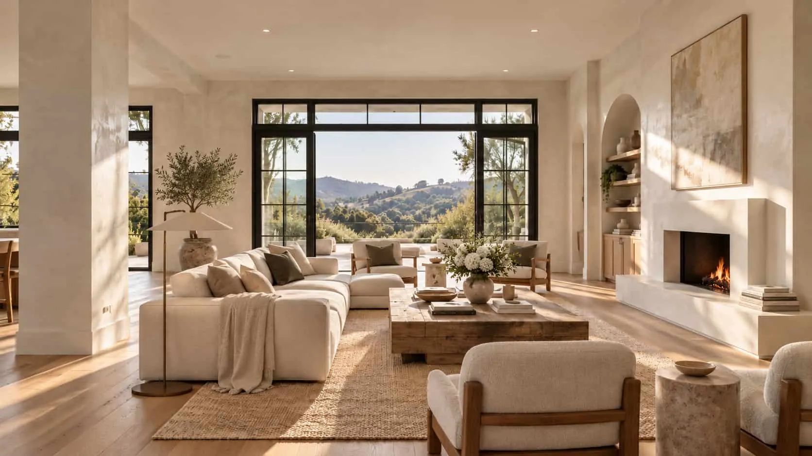 Living room in warm ivory polished Venetian plaster with a square column, an arched niche by the fireplace and a hillside view