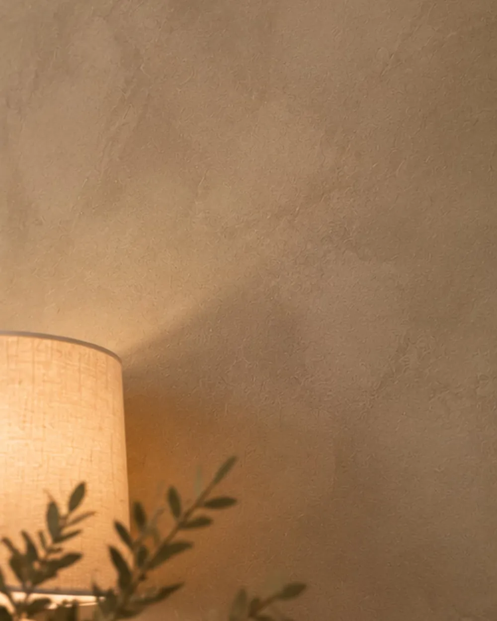 Close-up of a taupe Roman clay wall with soft trowel texture, lit by a linen lamp beside olive leaves