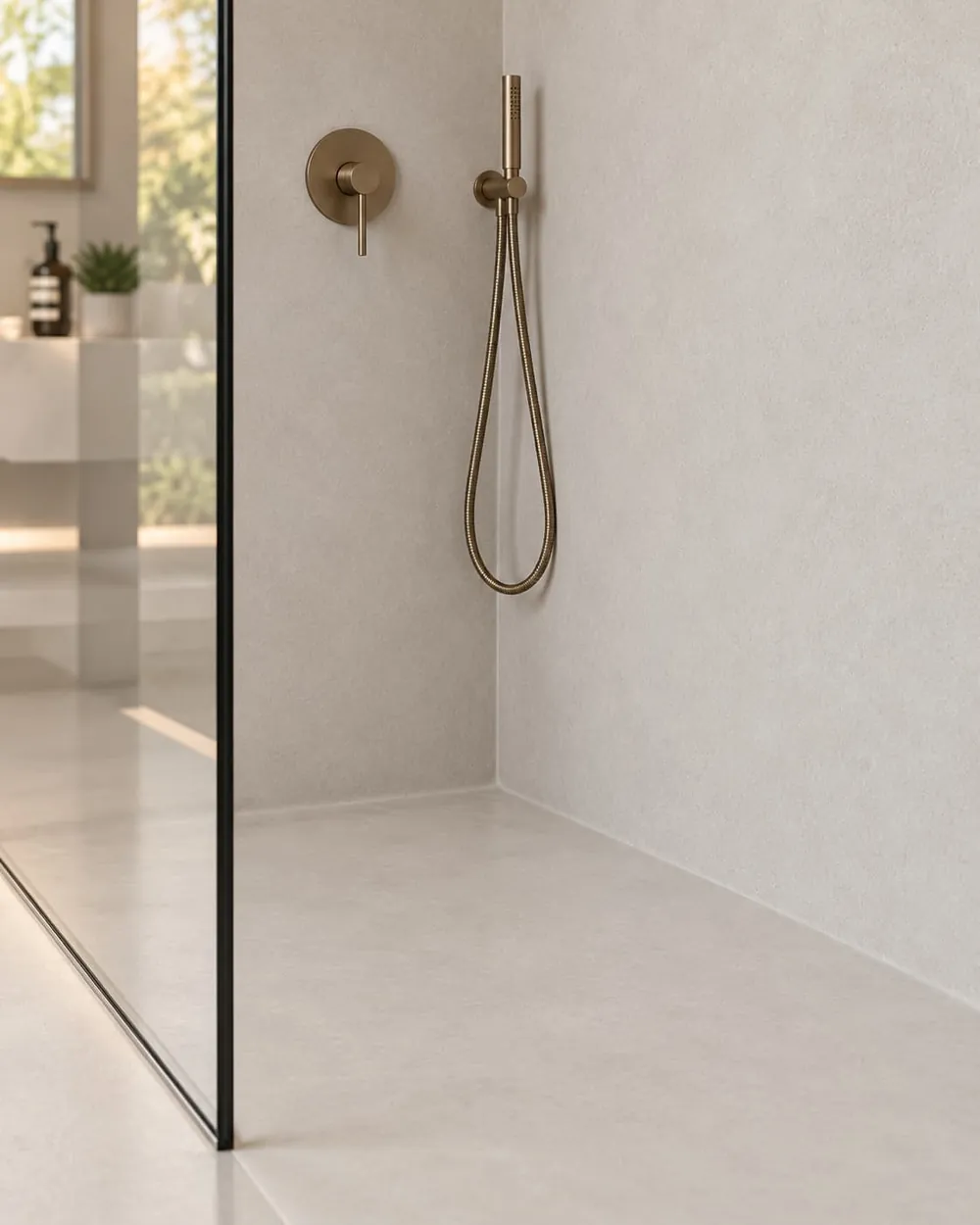 Close-up of a walk-in shower in seamless microcement, with a brushed bronze valve and hand shower