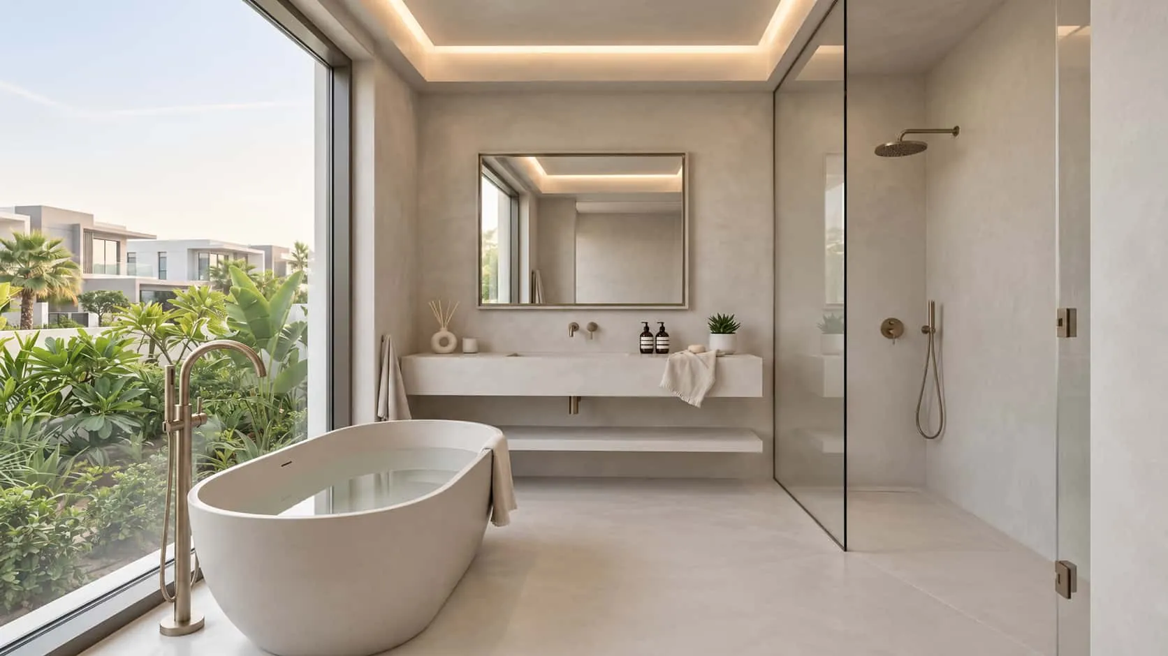 Primary bathroom in seamless greige microcement across the walls, floor, floating vanity and walk-in shower, with a freestanding tub