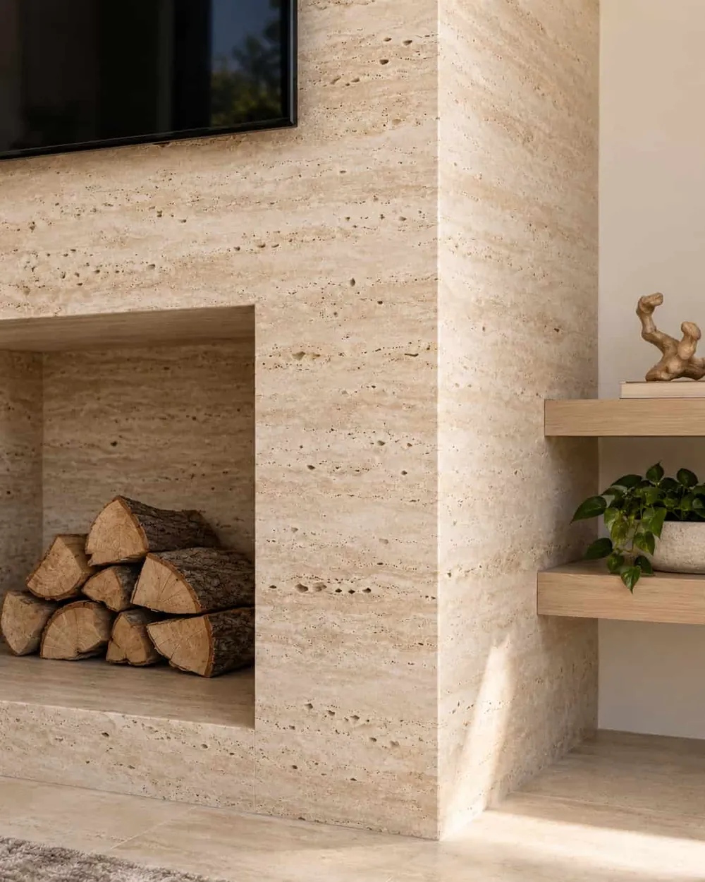 Close-up of a Travertino fireplace corner with horizontal bands, open pores and stacked firewood