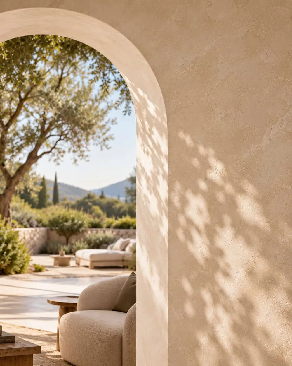 Close-up of an arched opening in warm Marmorino plaster, with leaf shadows on the wall and an olive tree beyond
