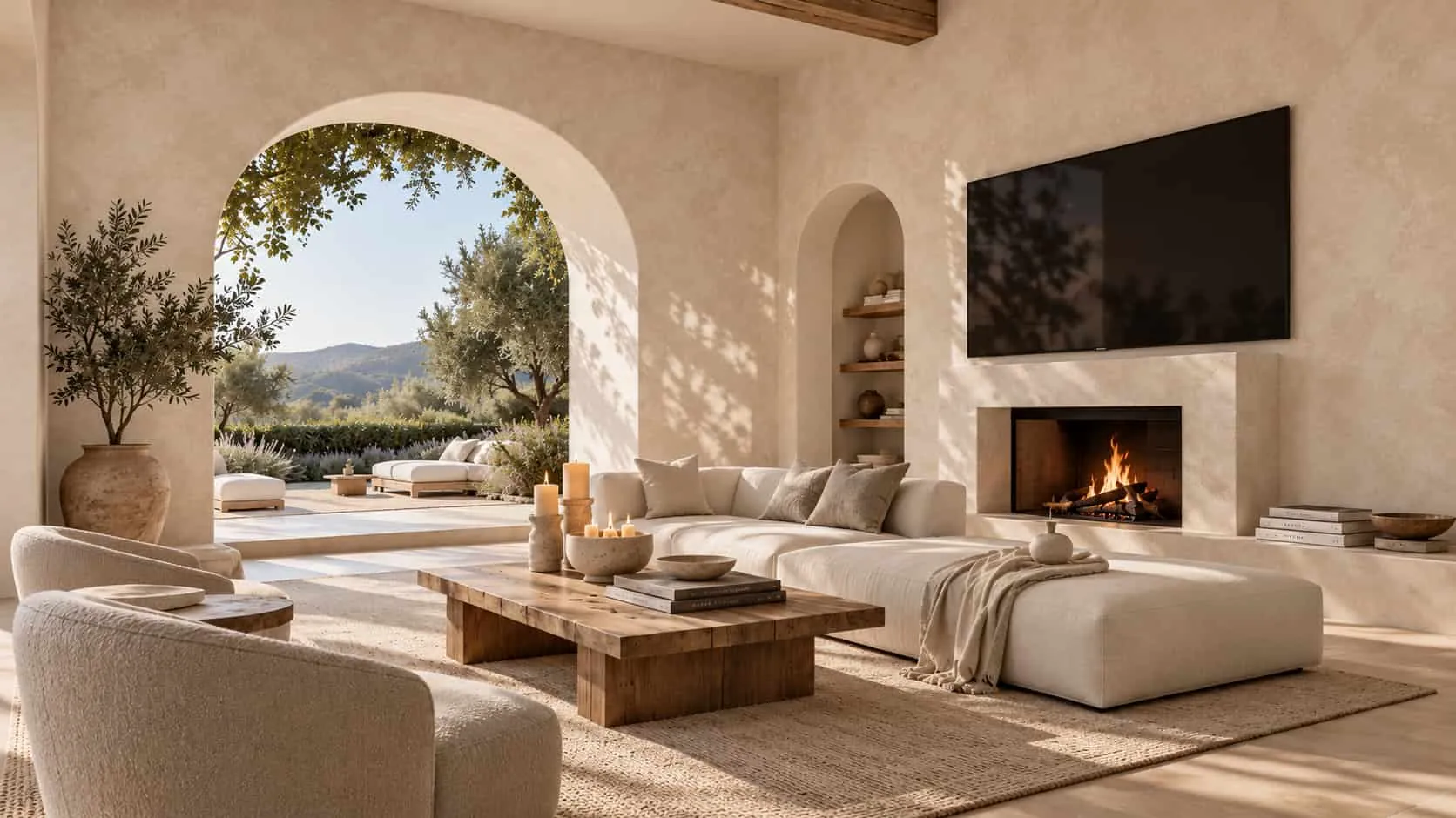 Living room in warm Marmorino plaster with an arched opening to an olive garden, an arched niche and a fireplace