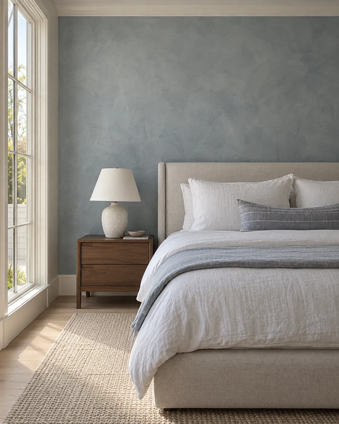 Bedroom with a dusty blue-gray limewash wall behind a linen bed, a walnut nightstand with a ceramic lamp and tall white-framed windows