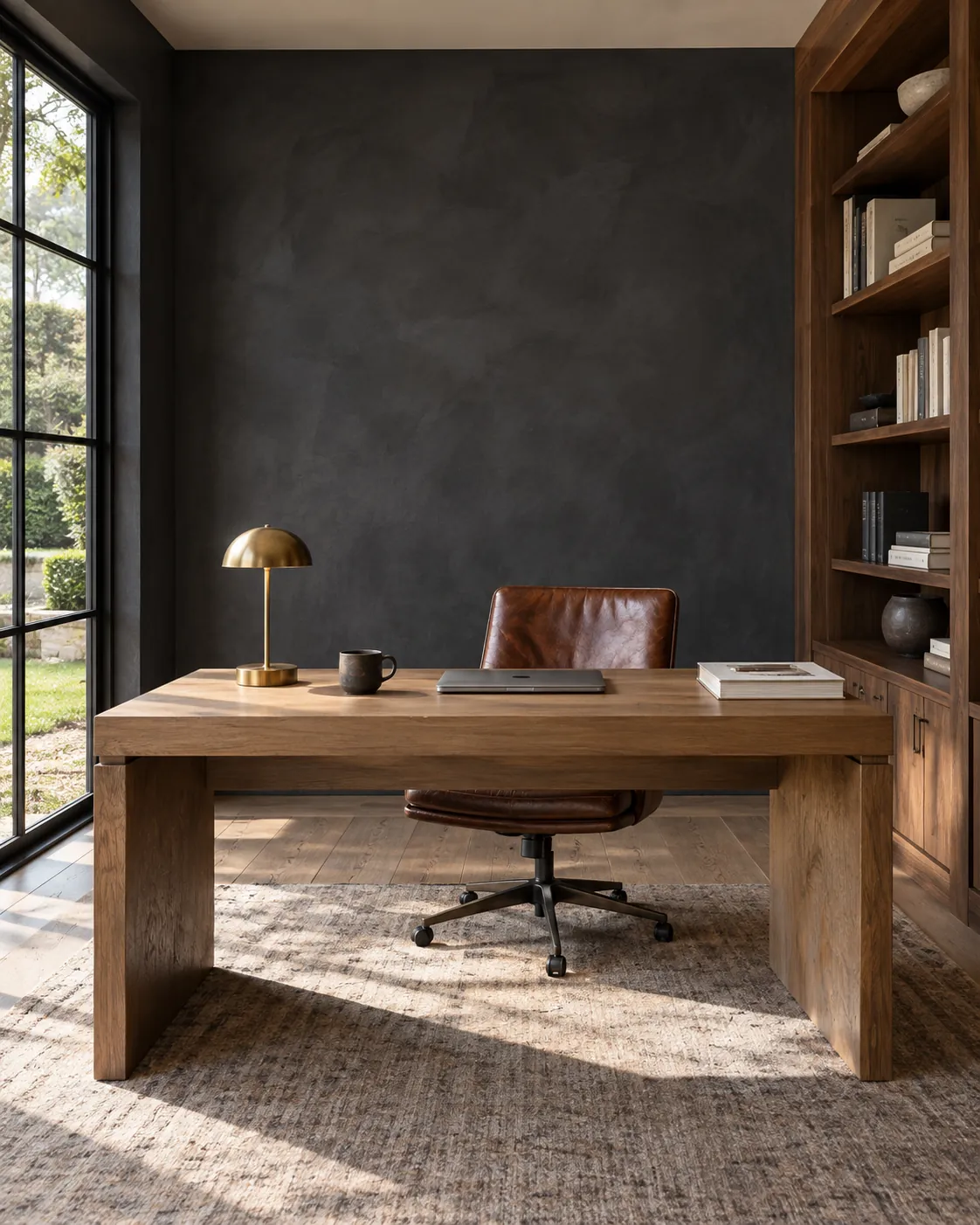 Home office with a deep charcoal limewash wall behind an oak desk, a brass desk lamp, a leather chair and walnut bookshelves