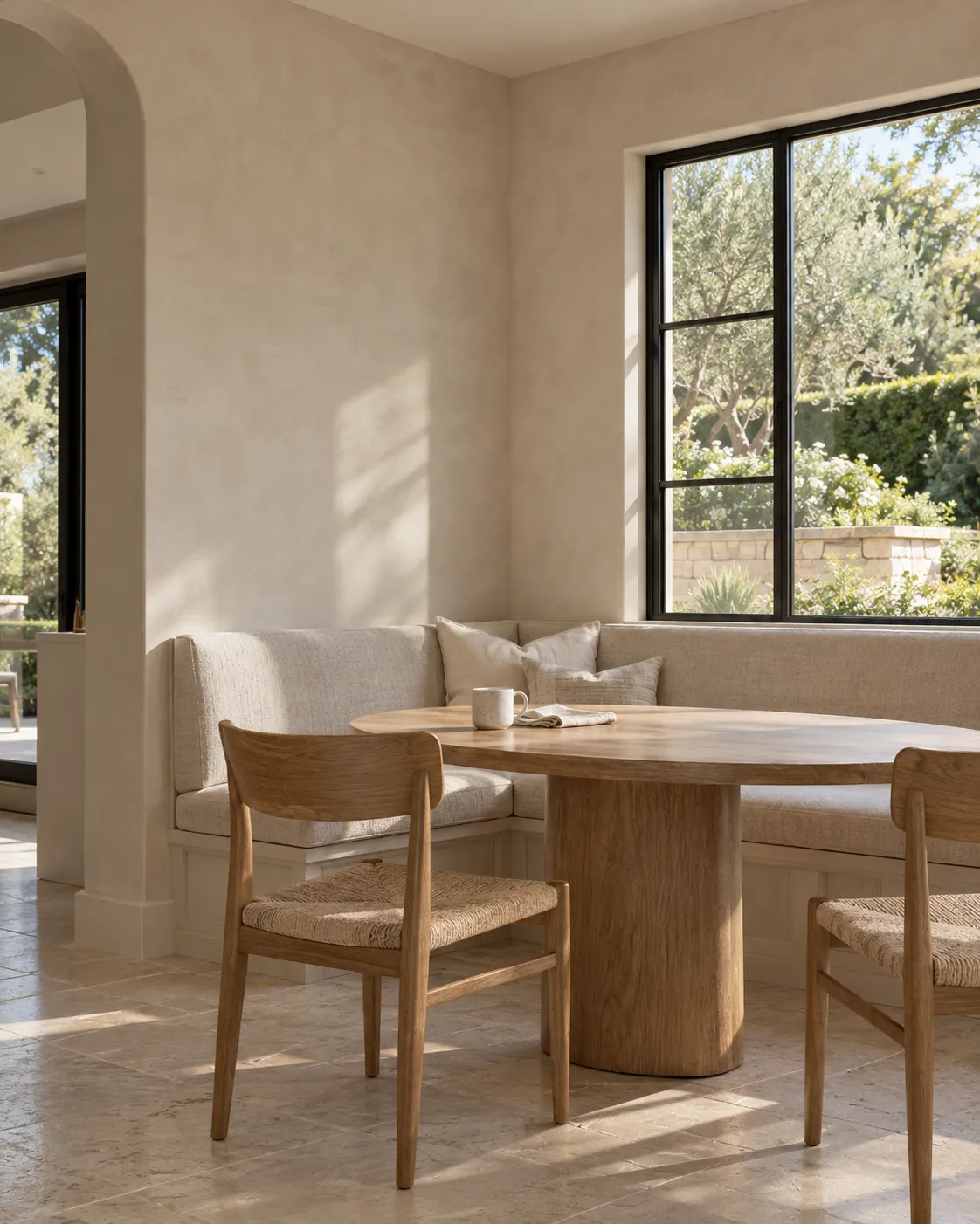 Breakfast nook with pale mushroom limewash walls, a linen banquette, a round oak pedestal table and a black steel window onto a garden