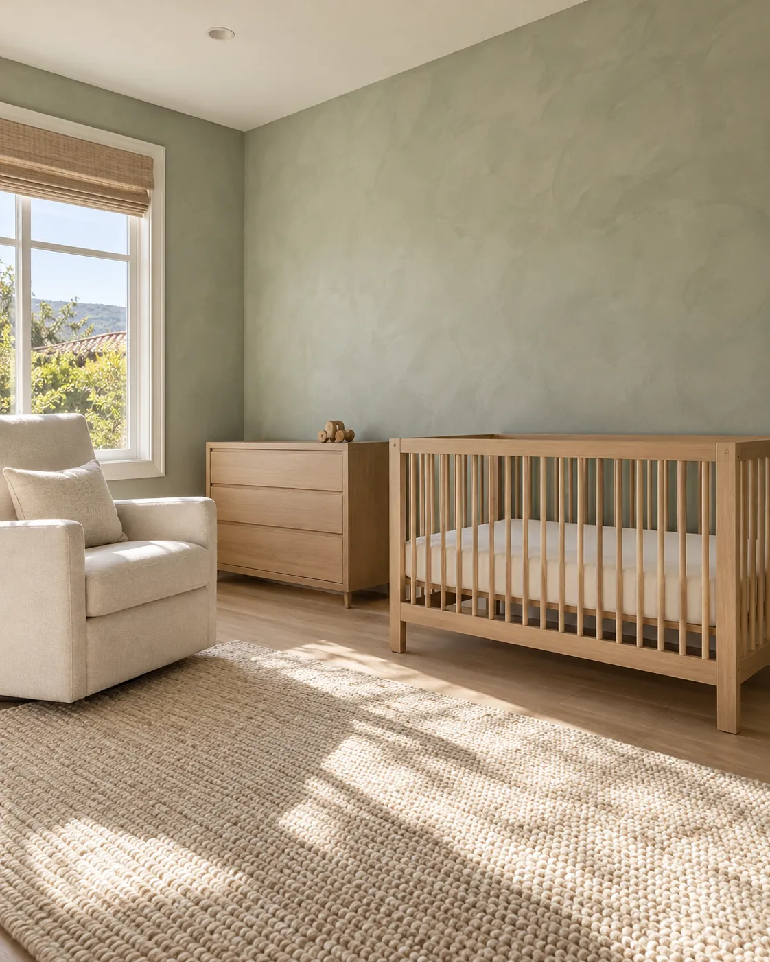 Nursery with soft sage limewash walls, a white oak crib, a matching dresser, a linen glider and a woven wool rug