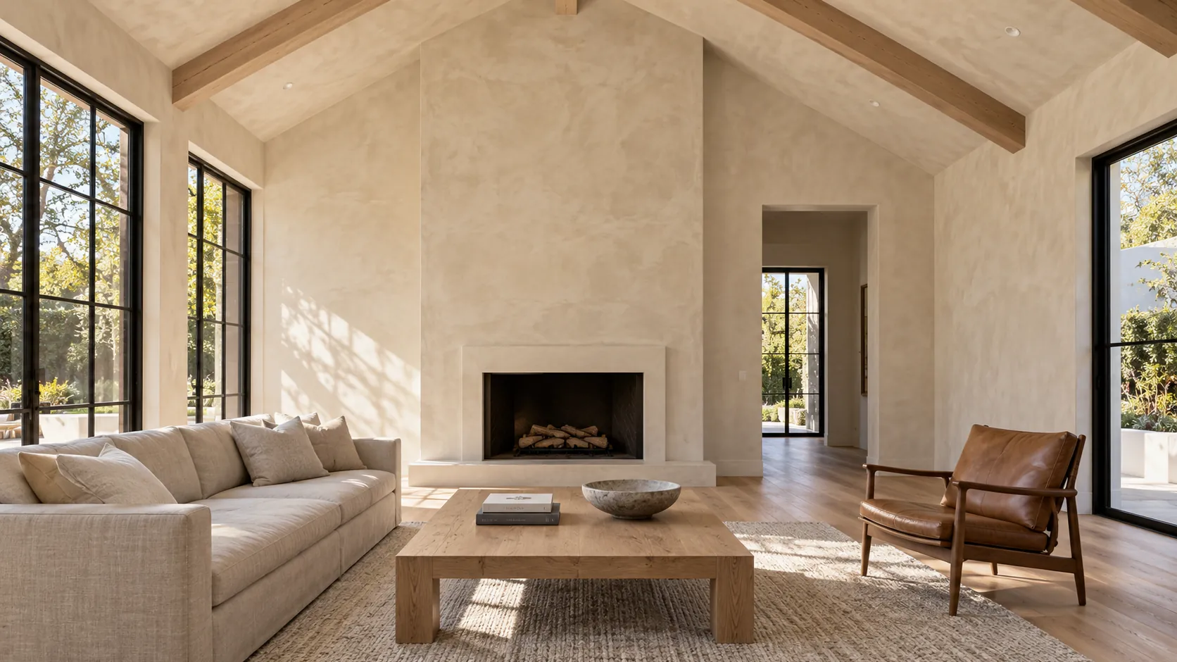Great room with warm stone beige limewash on the walls, the fireplace wall and the vaulted ceiling between oak beams, a linen sofa and tall black-framed windows