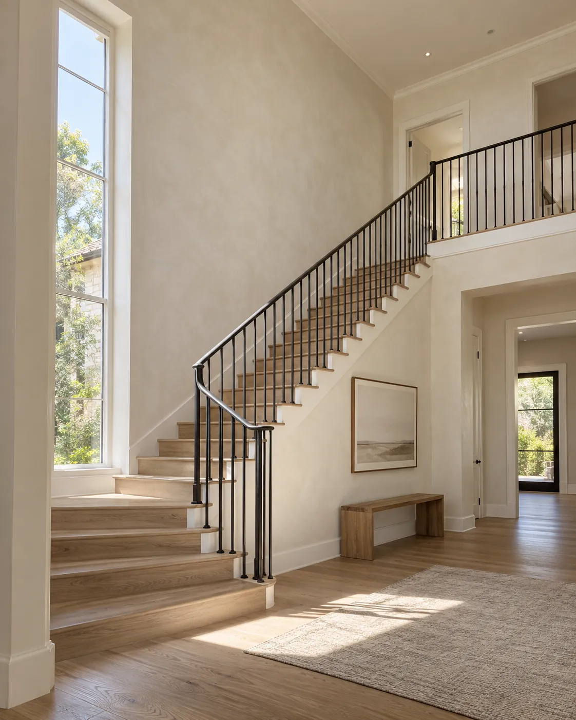 Two-story entry with warm white limewash on the stair wall, oak stairs with a black iron railing, a tall window and an oak bench