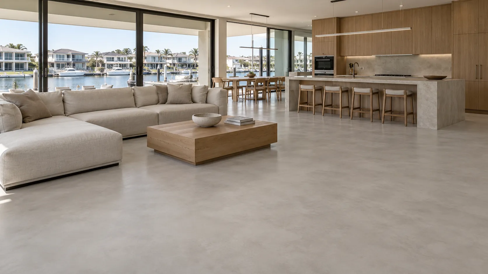 Open great room and kitchen with a continuous light cement gray microcement floor, a linen sectional, an oak coffee table, a stone island and sliding doors to a harbor channel with boats