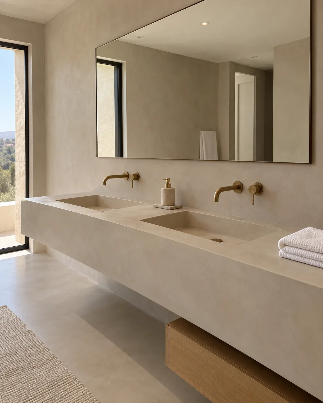 Primary bathroom with a floating double vanity in mushroom microcement with two integrated basins, matching walls and floor, brass wall faucets and a window to the hills