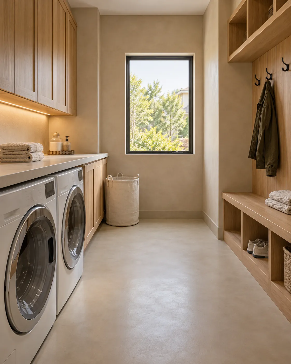 Laundry and mudroom with a sand-colored microcement floor and walls, white front-loading machines under oak cabinets, a built-in oak bench with hooks and a window