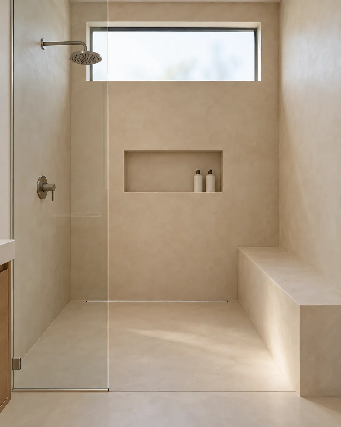 Walk-in shower in warm sand microcement on the walls, floor and a built-in bench, with a recessed niche, a linear drain, a frameless glass panel and a high frosted window
