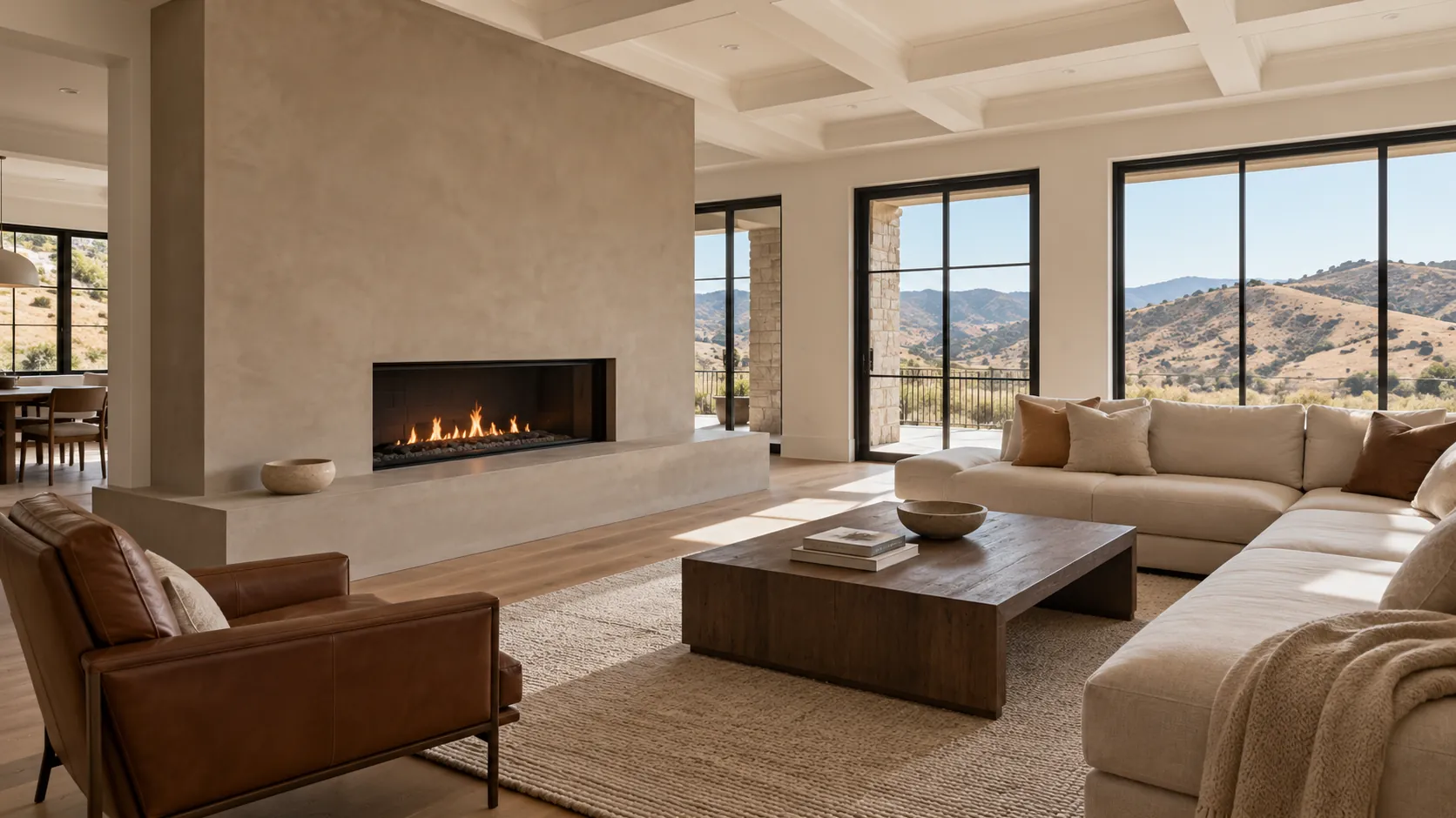 Family room with a taupe microcement fireplace wall and long hearth bench around a linear gas fire, a linen sectional, a leather chair and windows to dry hills