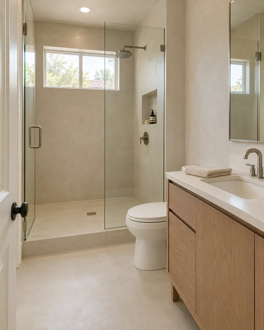 Hall bathroom with soft warm white microcement on the walls, shower and floor, a frameless glass shower, a white oak vanity and a window above the shower