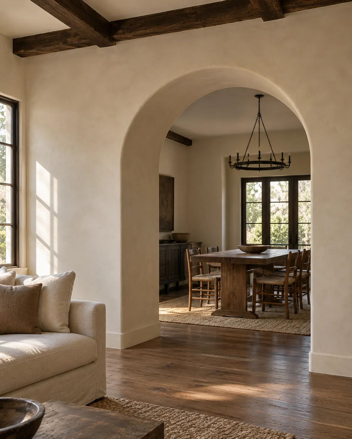 Spanish Colonial living room with a round-arched doorway in warm cream Roman clay, dark wood beams and a view through to the dining room
