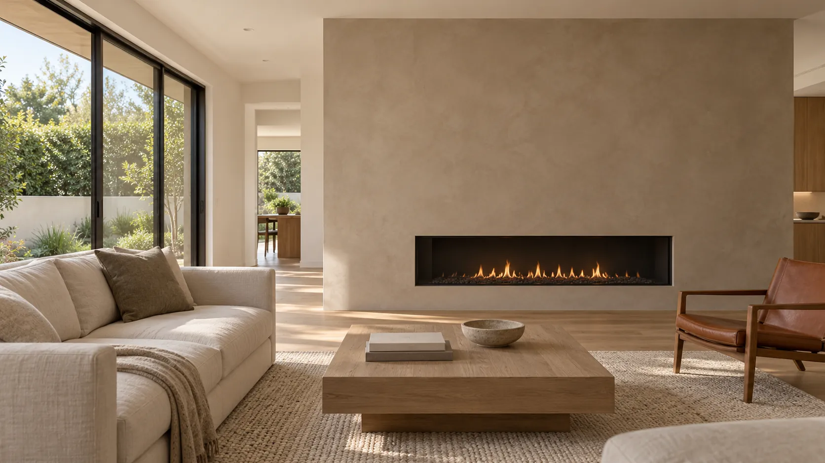 Living room with a freestanding fireplace wall in warm mushroom-taupe Roman clay around a linear gas fireplace, a linen sofa, an oak coffee table and sliding doors to a garden