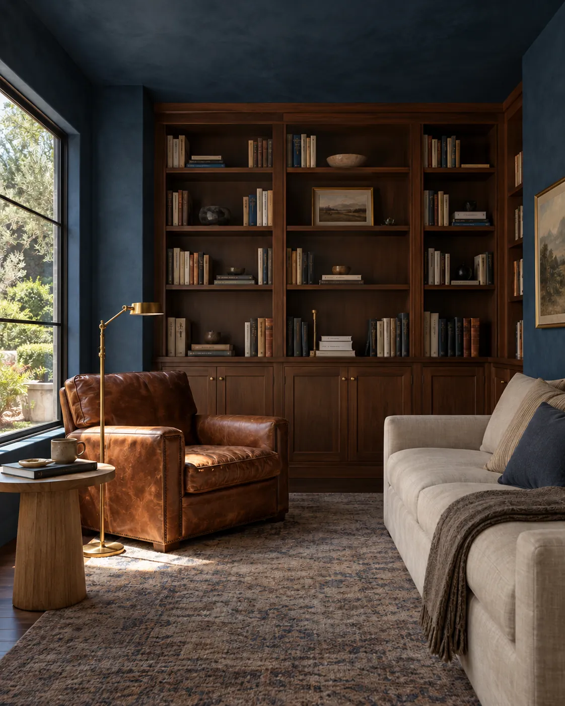 Library den with deep navy Roman clay walls and ceiling, walnut bookcases, a worn leather armchair, a brass floor lamp and a linen sofa