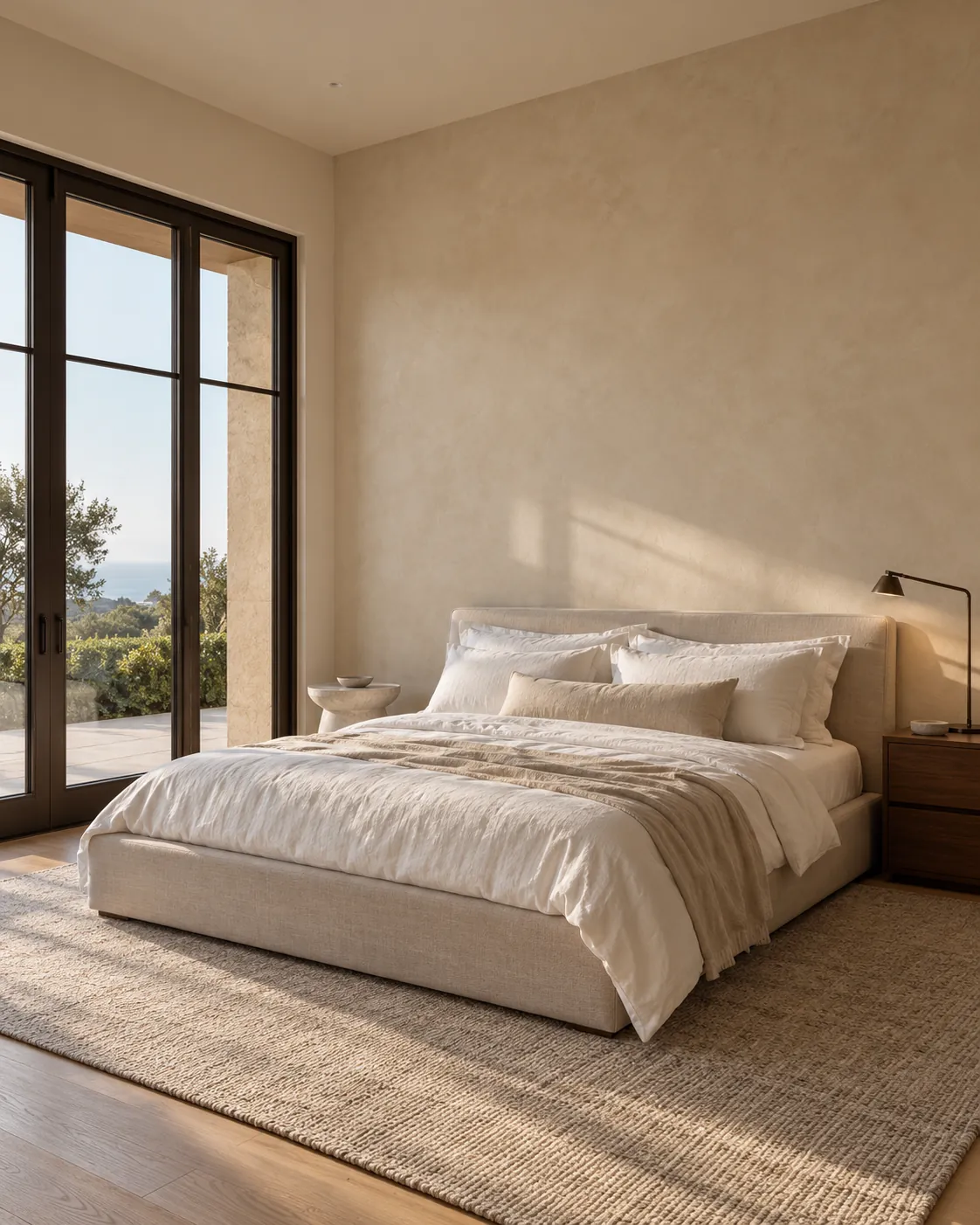Primary bedroom with an oatmeal Roman clay wall behind a linen bed, steel-framed doors to a terrace and warm afternoon light across the plaster