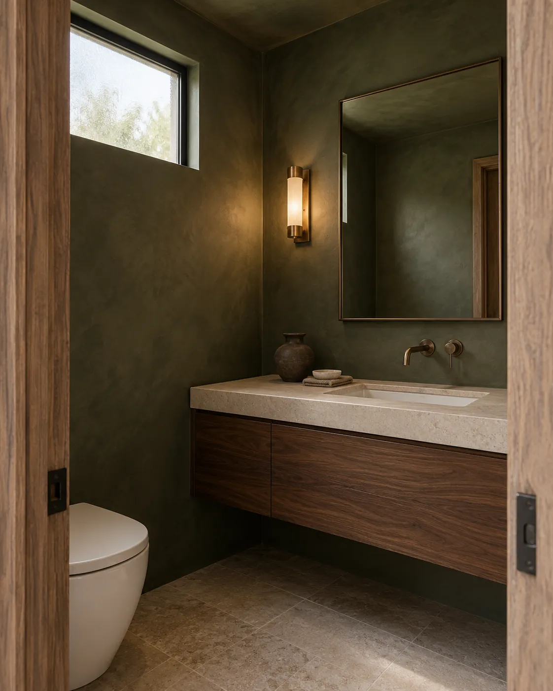 Powder room with deep olive green Roman clay on the walls and ceiling, a walnut floating vanity with a stone top, a brass sconce and a bronze-framed mirror