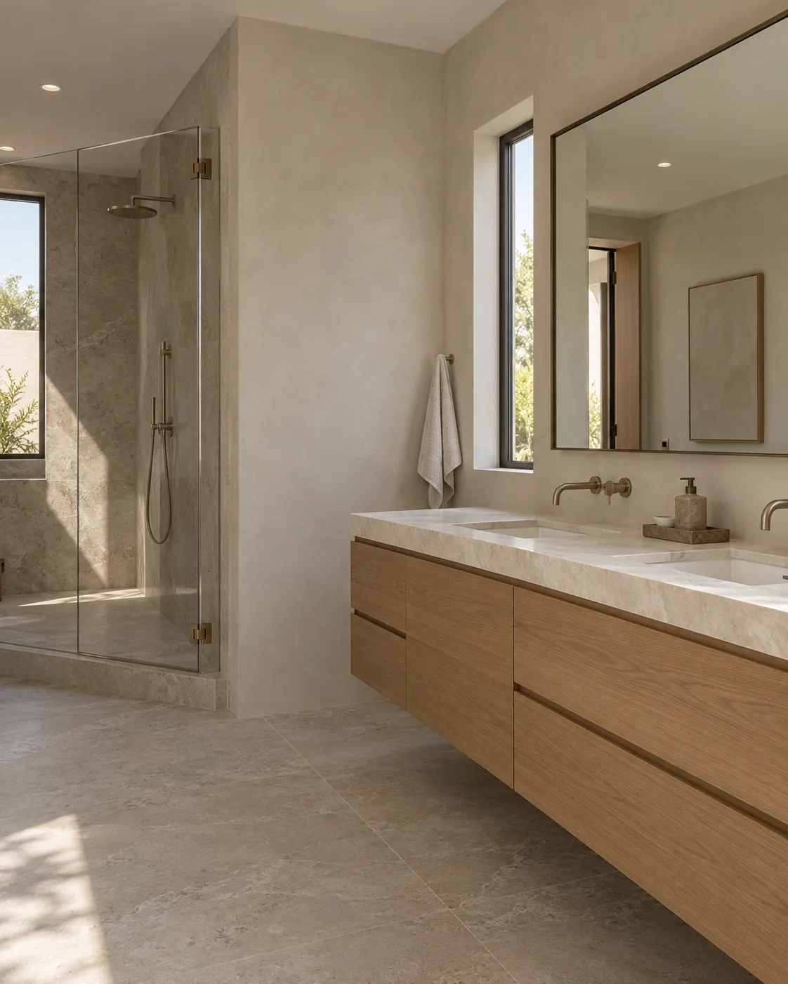 Primary bathroom with pale oyster Roman clay on the dry walls, a white oak double vanity with a stone top and a glass-enclosed stone shower