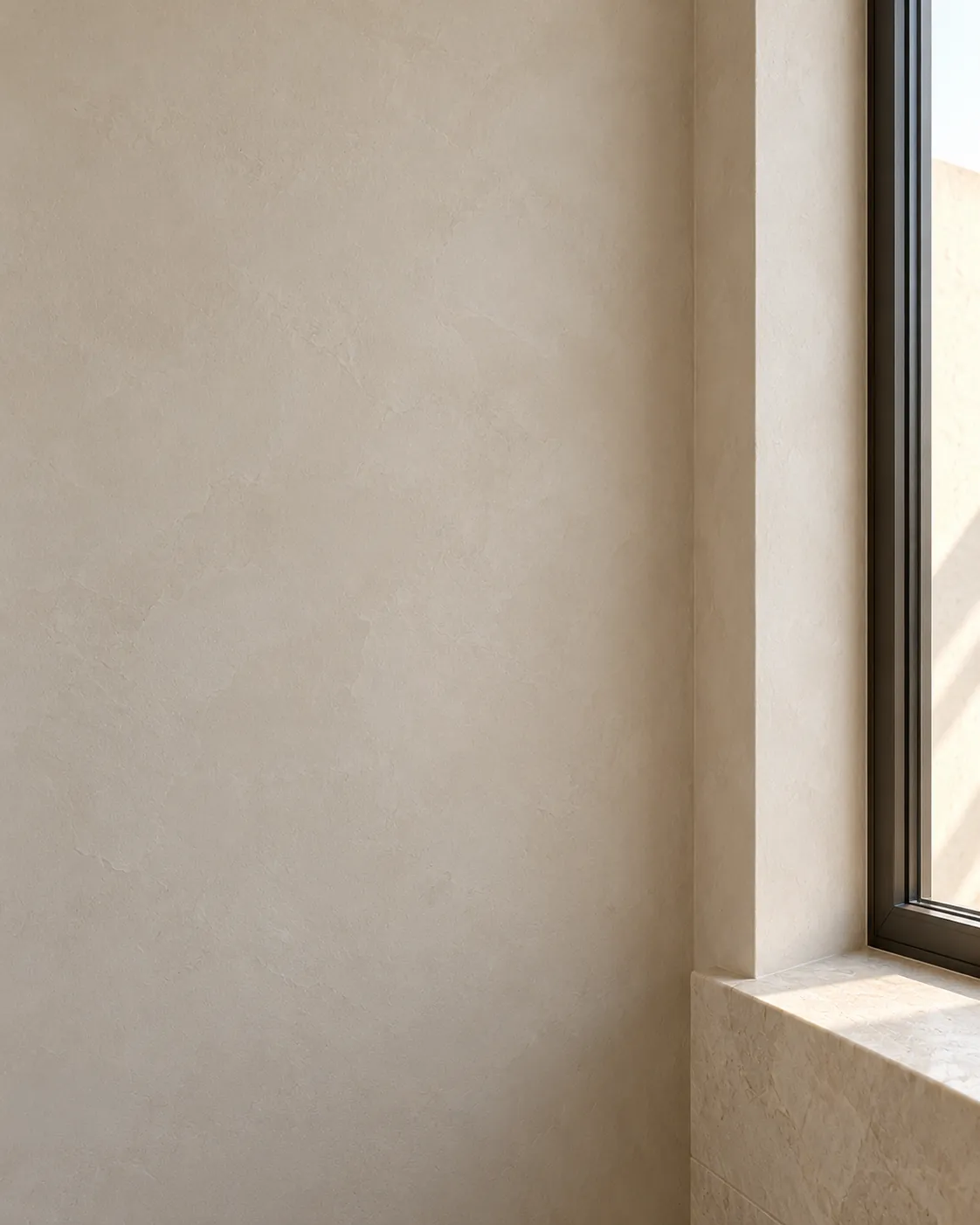 Close-up of pale oyster Roman clay wrapping a window return above a stone sill, with soft light on the matte surface