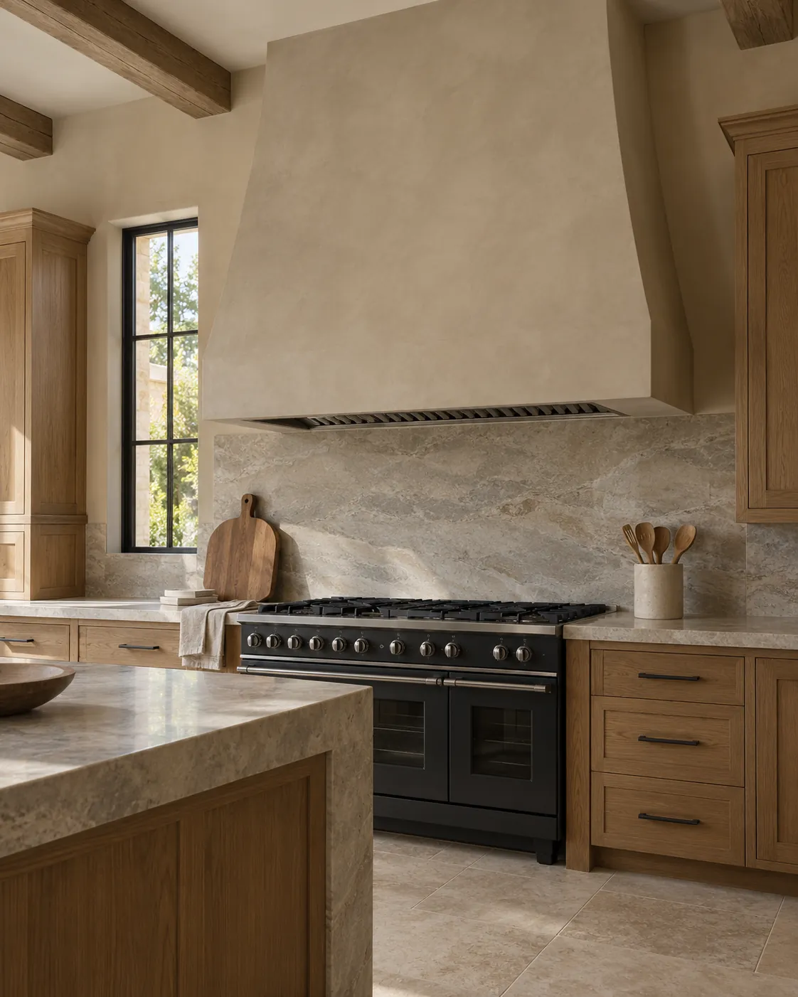 Kitchen with a tapered range hood in warm putty Roman clay above a stone slab backsplash, a black range and white oak cabinets