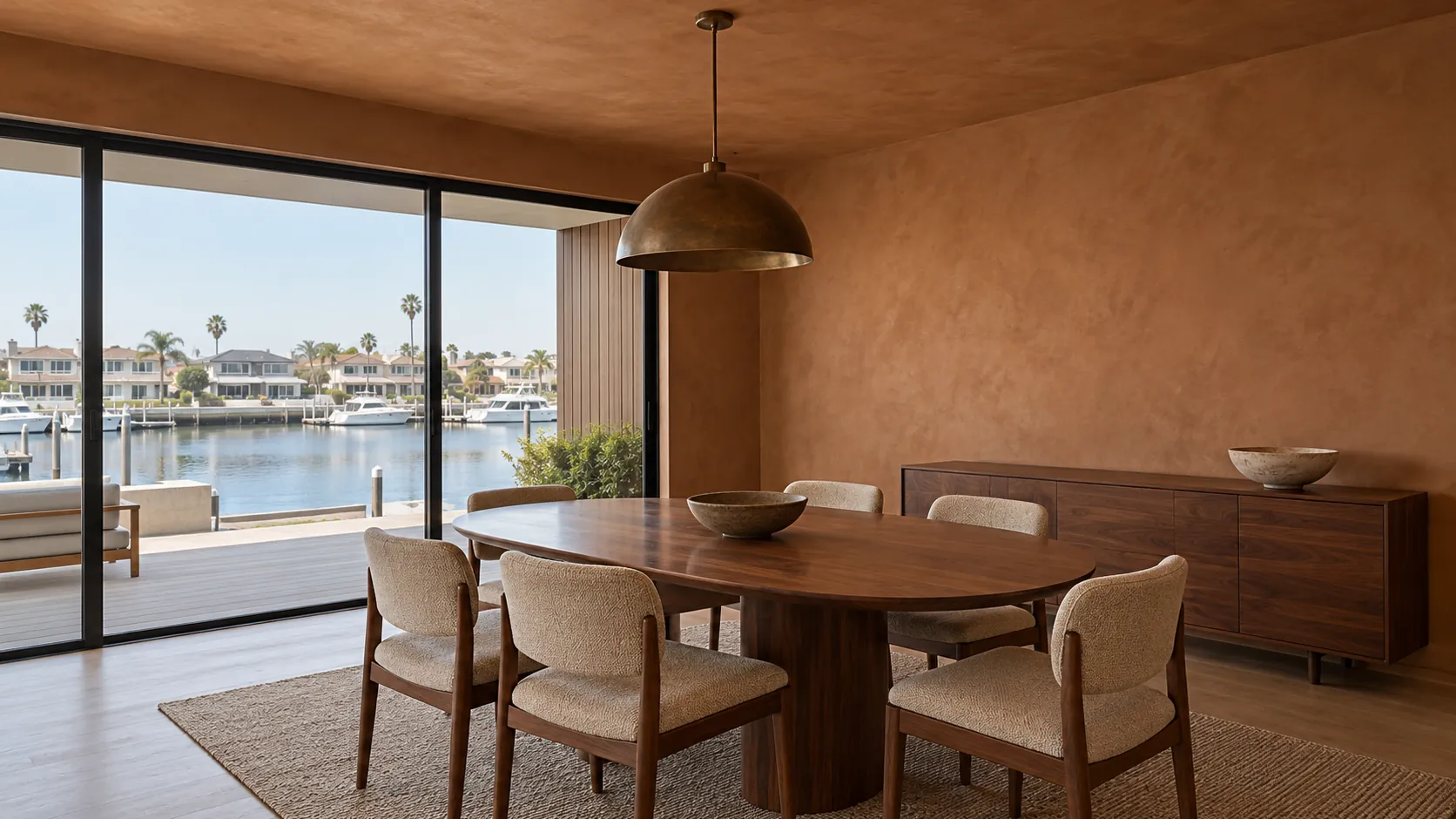 Dining room with warm saddle-brown Roman clay on the walls and ceiling, a walnut table, a brass dome pendant and sliding doors to a harbor channel with boats