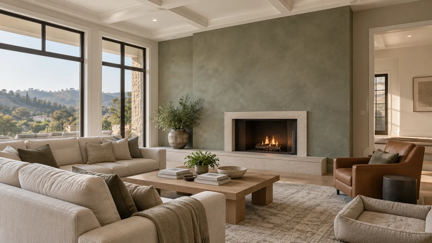 Family room with a sage green Roman clay fireplace wall around a limestone surround, linen sofas, an oak coffee table and windows to oak-studded hills