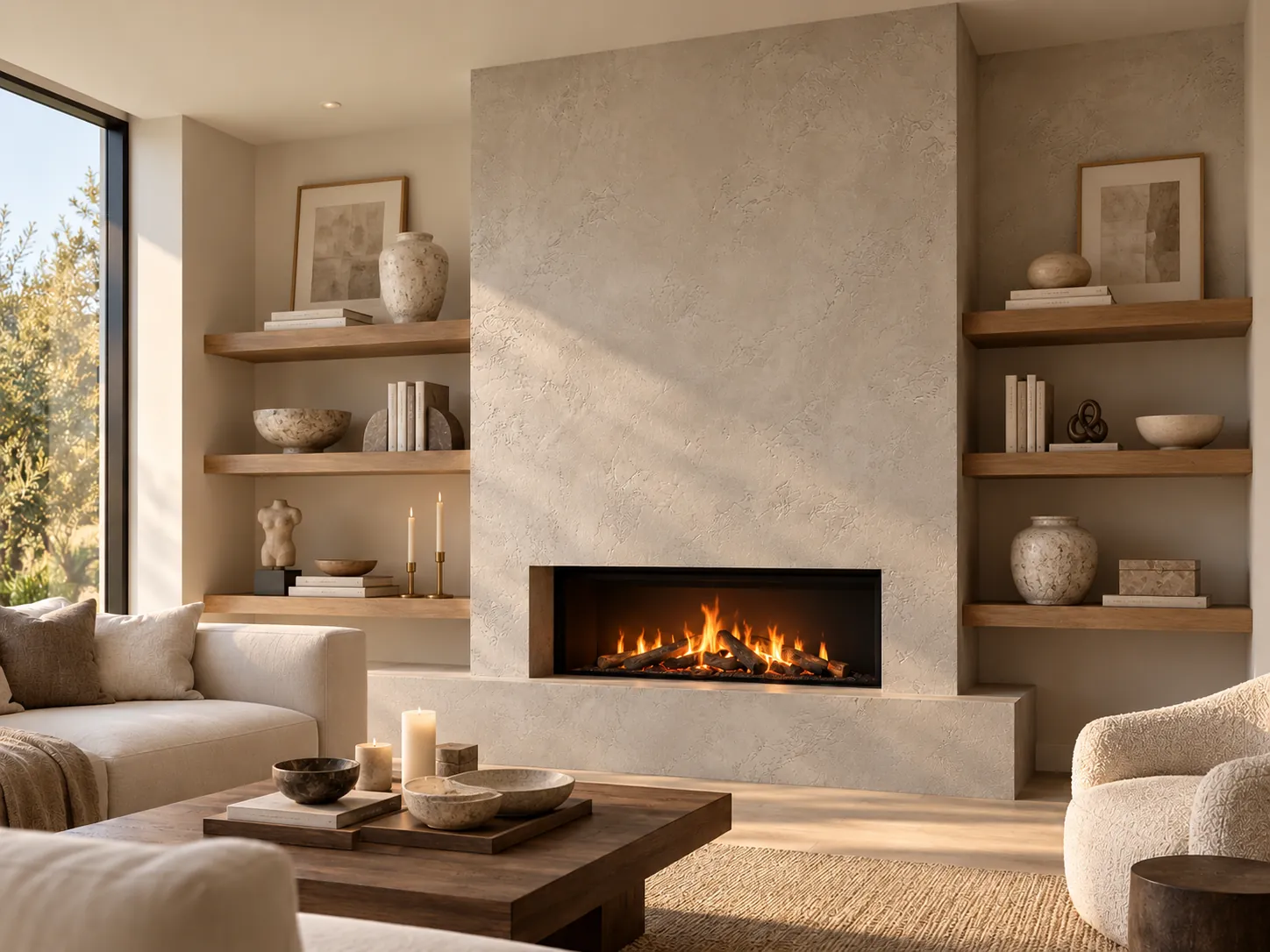 Living room fireplace wall in light stone-gray textured plaster around a linear fire, between floating oak shelves with ceramics and books