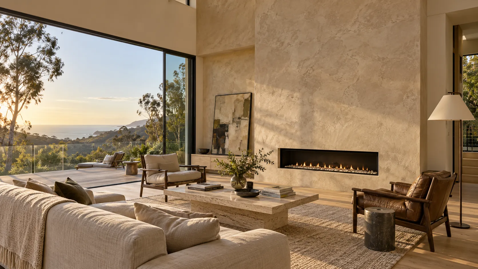 Living room with a full-height fireplace wall in sand-colored Marmorino plaster around a linear gas fireplace, open glass doors to a deck and a canyon view to the ocean