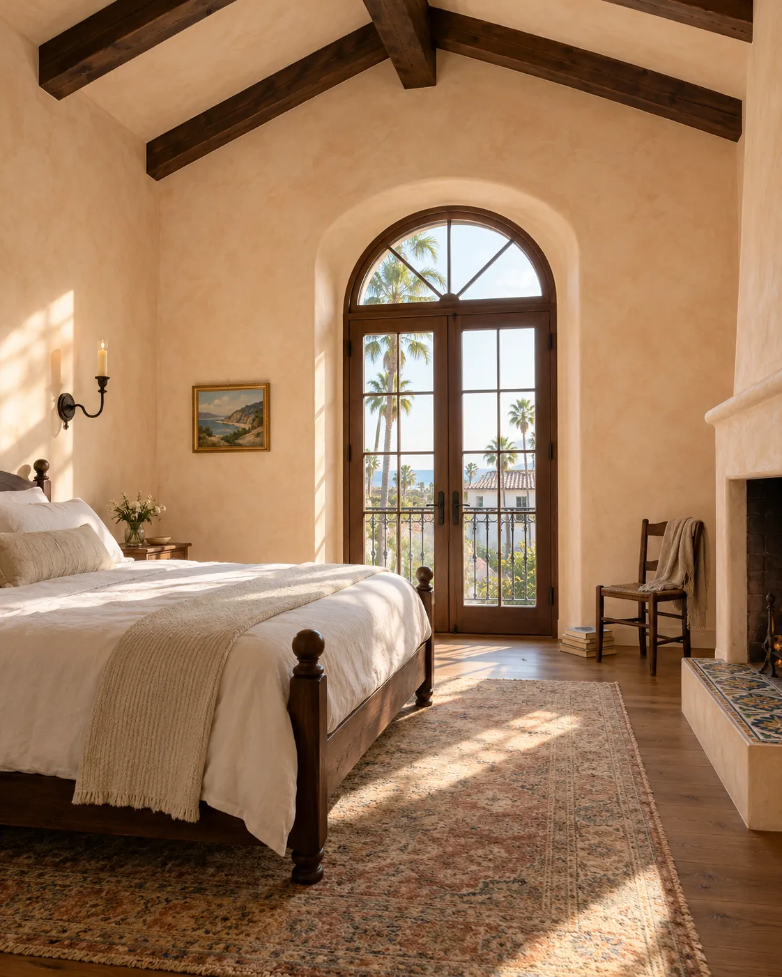 Bedroom with soft peach Marmorino plaster walls, a beamed vaulted ceiling, arched French doors to a balcony with palms and a plaster fireplace