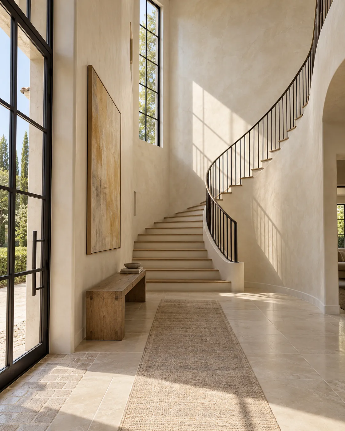 Double-height entry with a curved stair wall in warm ivory polished Venetian plaster, black steel doors, an oak bench and a limestone floor