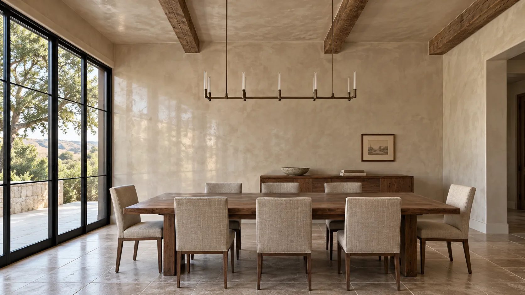 Dining room with warm putty-beige polished Venetian plaster on the walls and ceiling, reclaimed oak beams, a walnut table and black steel doors to a terrace