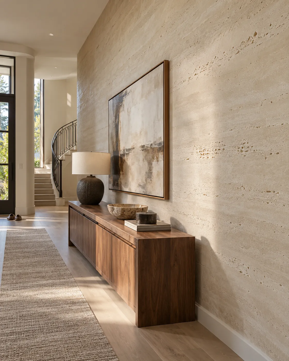 Entry gallery with a long wall in limestone-colored Travertino plaster, a walnut console, a large abstract painting and a curved stair beyond