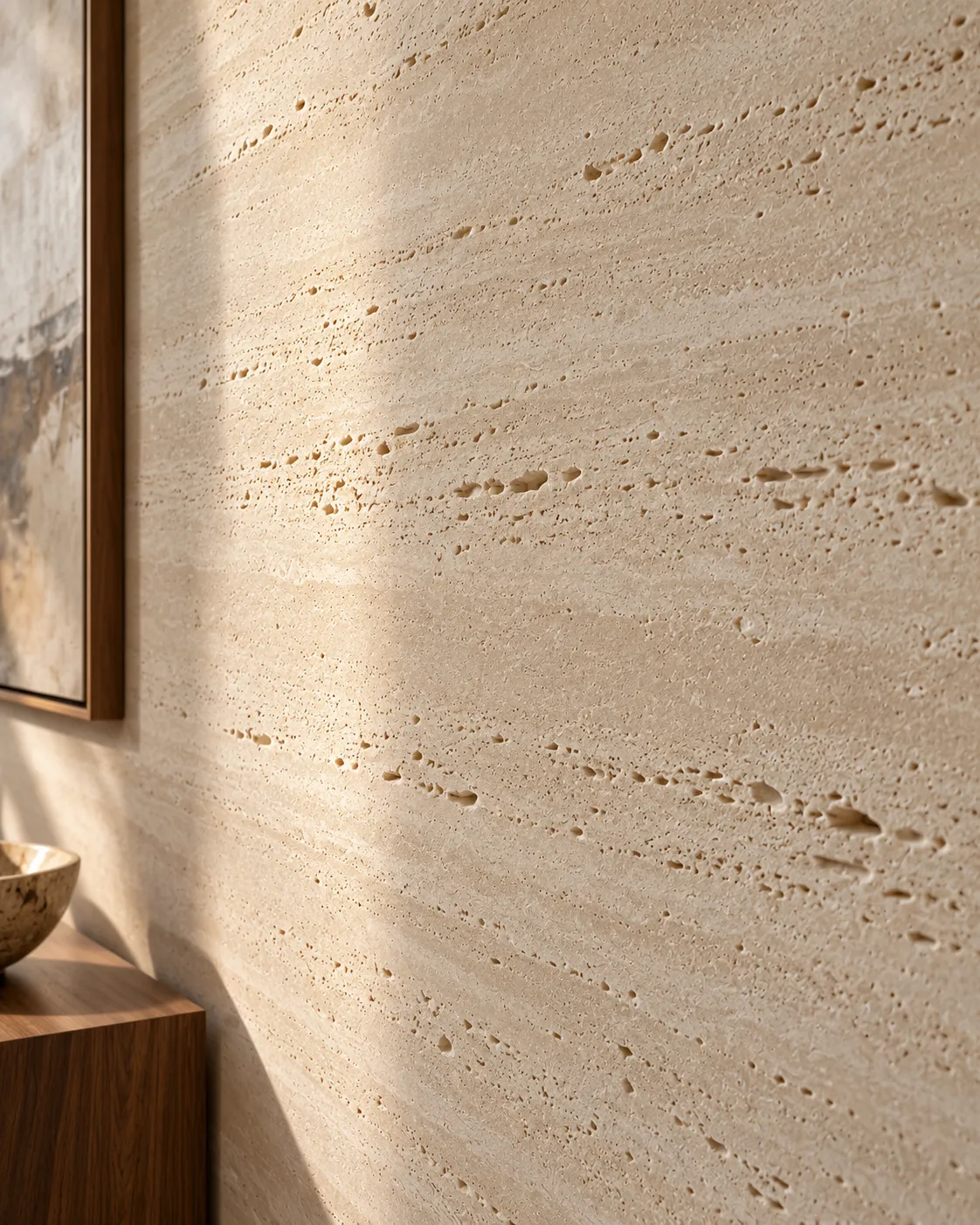 Close-up of limestone-colored Travertino plaster with horizontal layers and clusters of open pores, beside a framed painting and a stone bowl