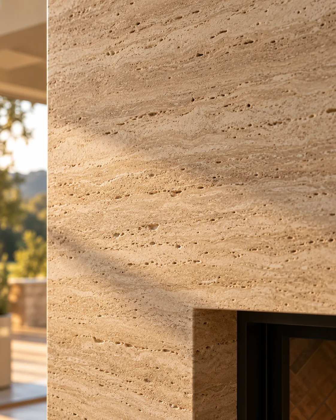 Close-up of a Travertino plaster fireplace column in warm sand, showing horizontal bands and small open pores in low sunlight