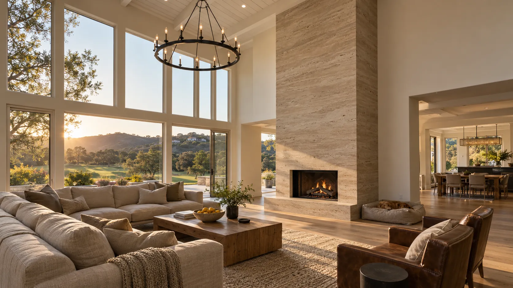 Two-story great room with a full-height fireplace column in taupe Travertino plaster, tall windows to a golf course and oak hills, and a linen sectional