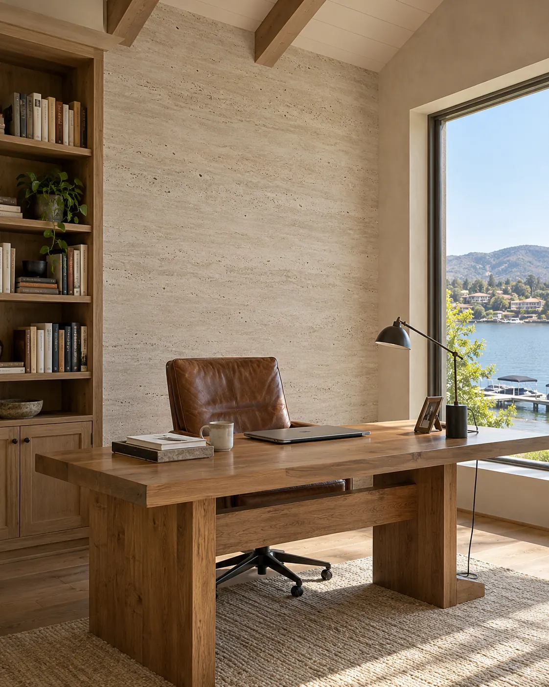 Home office with a Travertino plaster wall behind an oak desk and leather chair, built-in bookshelves and a large window over a lake
