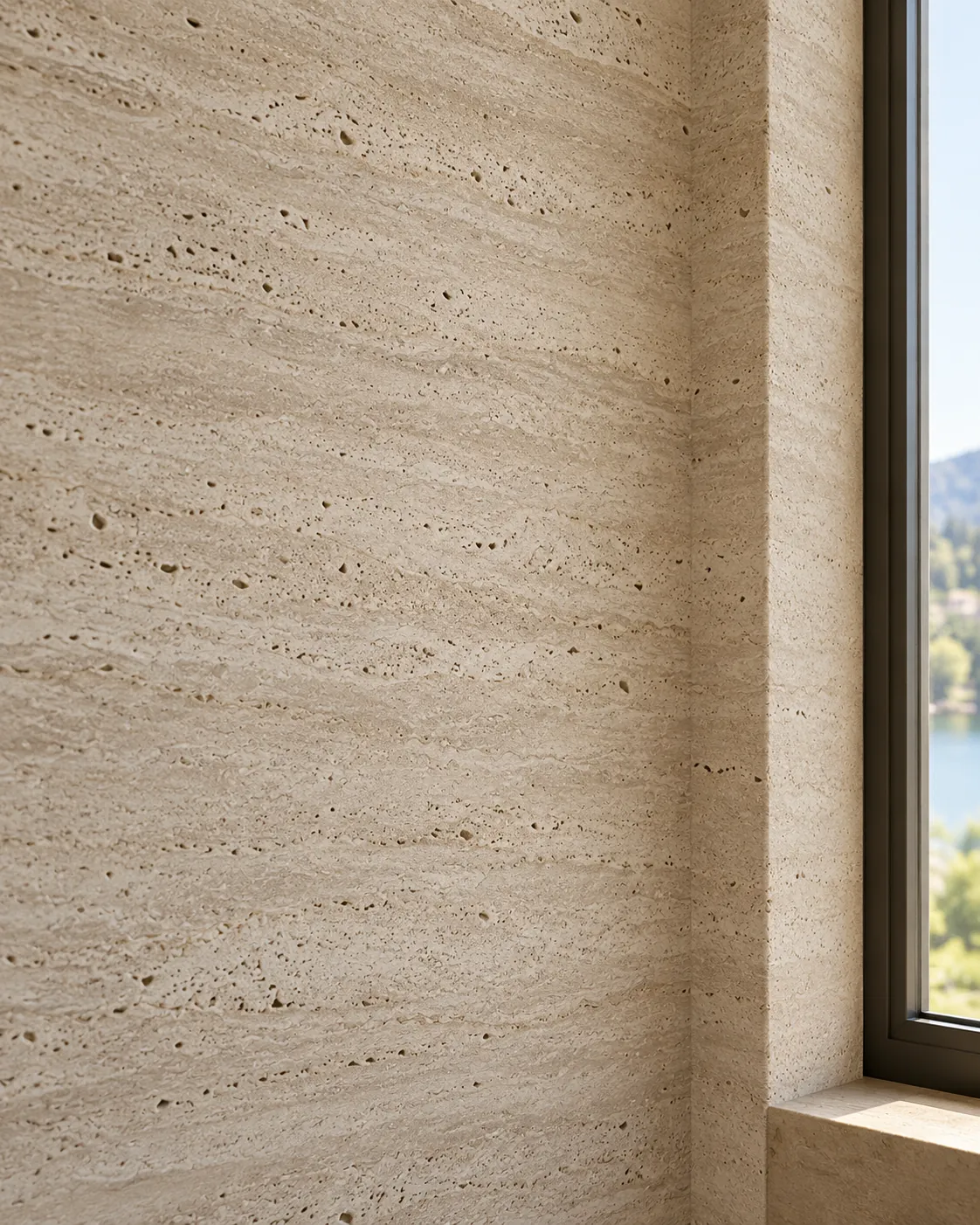 Close-up of pale greige Travertino plaster with fine horizontal bands and open pores, wrapping a window return beside a lake view